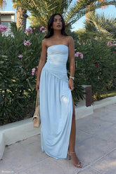 Bex Strapless Slinky Maxi Dress With Split - Pale Blue
